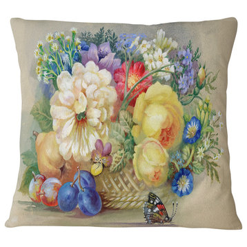 Bunch of Flowers and Fruits Floral Throw Pillow, 18"x18"