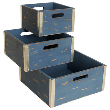 Different Sized Blue Wooden Crates, Set of 3, Blue