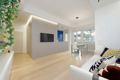 Idee per un piccolo soggiorno aperto con libreria, pareti bianche, parquet chiaro, TV a parete e soffitto ribassato