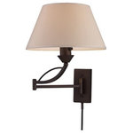 Elk Home - Elysburg 1-Light Swing Arm Sconce, Aged Bronze - The Geometric Lines Of This Collection Offer Harmonious Symmetry With A Sophisticated Contemporary Appeal. A Perfect Complement For Kitchens, Billiard Parlors, Or Any Area That Requires Direct Lighting. Featured In Satin Nickel With White Marbleized Glass Or Aged Bronze Finish With Tea Stained Brown Swirl Glass. Includes An Adapter Kit To Allow For Easy Conversion Of A Recessed Light To A Pendant