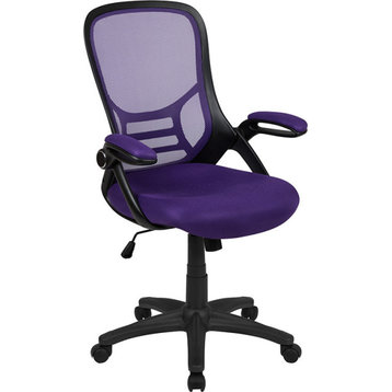 High Back Purple Mesh Ergonomic Swivel Chair, Black Frame and Flip-up Arms