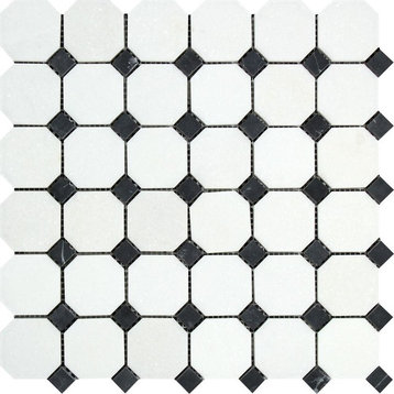 12"x12" Thassos Polished Marble Octagon Mosaic With Black Dots 10 Pieces, 50 Pie