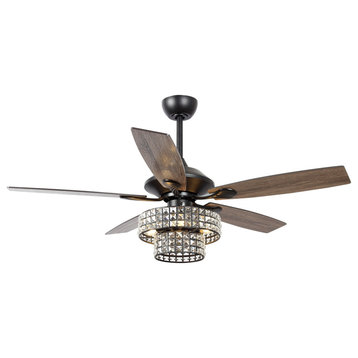 52-in Crystal Chandelier Ceiling Fan With LED Light and 5 Blades, Matte Black