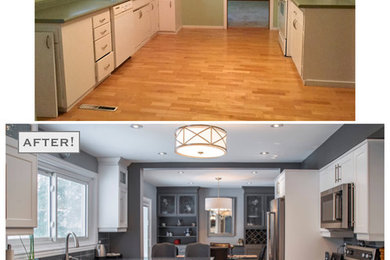 Example of a trendy vinyl floor eat-in kitchen design in Toronto with an undermount sink, shaker cabinets, white cabinets, granite countertops, gray backsplash, glass tile backsplash and stainless steel appliances