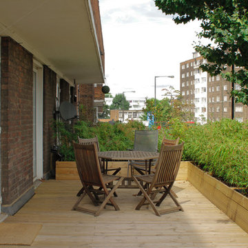 Decking, planters and planting showing plant growth in 5 months for London terra