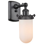 Innovations Lighting - 1-Light Kingsbury 4.5" Sconce, Matte Black, White - The Austere makes quite an impact. Its industrial vintage look transports you back in time while still offering a crisp contemporary feel. This sultry collection has a 180 degree adjustable swivel that allows for more depth of lighting when needed.