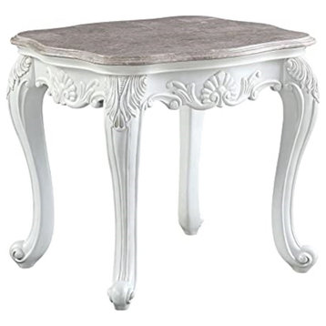 Elegant Side Table, Queen Anne Legs With Carving Details & Marble Top, White