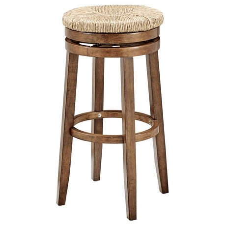 Linon Maya 31" Wood Swivel Seagrass Seat Barstool in Walnut Brown