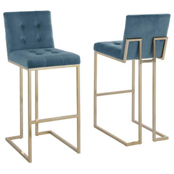 Barstools with Tufted Seats in Teal Blue Velvet and Gold Chrome Legs (Set of 2)