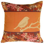 Pillow Decor Ltd. - Pillow Decor - Chickadee Song Bird Pillow - A chickadee rendered in a neutral color, stands boldly against a burnt orange background. A pattered banner of flowers in rich hues of pink and orange frame the top and bottom of this exquisite French tapestry pillow. Add color, texture and bold design to your space with this beautiful pillow.