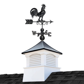 18" Coventry Vinyl Cupola, Black Aluminum Rooster Weathervane and Roof