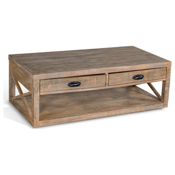 48" Naturally Distressed Cocktail Coffee Table 2 Drawers Storage Shelf
