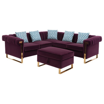 Maddie Velvet 5-Seater Sectional Sofa With Storage Ottoman, Purple