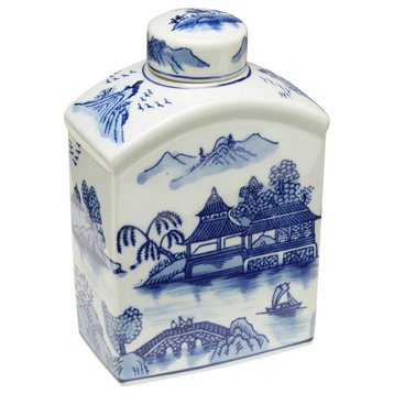 Blue and White Square Jar With Lid