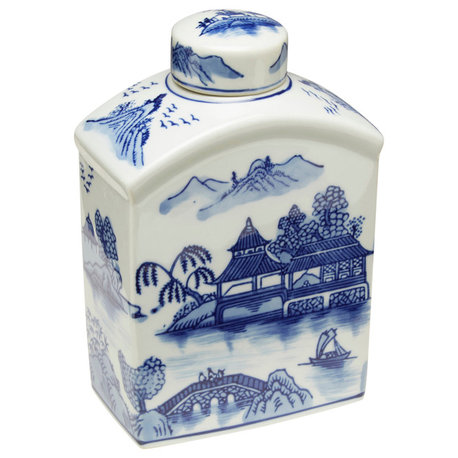 Blue and White Square Jar With Lid