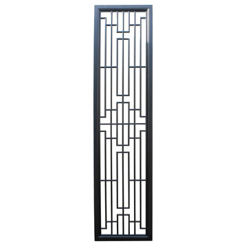 Tall Black Lacquer Wood Geometric Window Door Panel Partition Screen