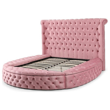 Better Home Products Elizabeth 91 x 101" Velvet Upholstered Queen Bed in Pink