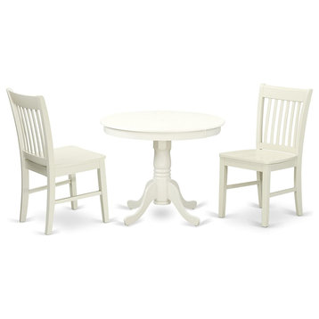 3 Pieces Dining Set, Round Table & 2 Chairs With Slatted Back, Wooden Seat/White