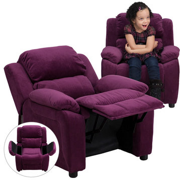 Deluxe Padded Contemporary Purple Microfiber Kids Recliner With Storage Arms