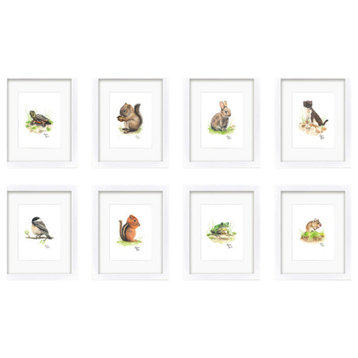 "Woodland Tinies" Set of Eight Framed Prints With Mat, White, 11x14