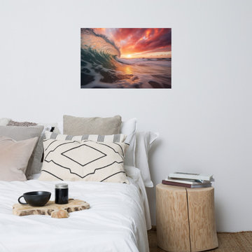 Ocean Wall Art: Crimson Coastline Realism Painting Digital Artwork Loose Art