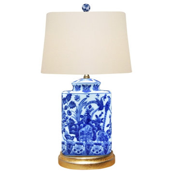 Blue and White Porcelain Caddy Floral Bird Motif Table Lamp, 20"