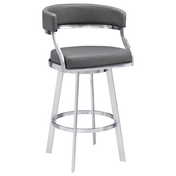 Saturn Swivel Metal and Faux Leather Bar Stool, Gray, 26" Counter Height