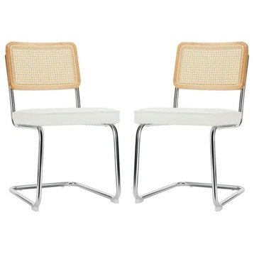 Set of 6 Dining Chair, Cantilever Design With Padded Seat & Rattan Back, White