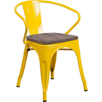 Yellow Metal Chair With Wood Seat and Arms