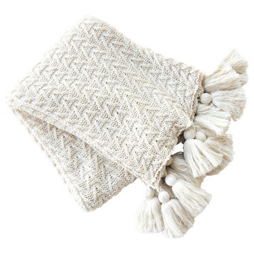 Knitted Tassel Throw, White, 60"
