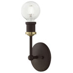 Livex Lighting - Lansdale 1 Light Bronze With Antique Brass Accents ADA Vanity Sconce - Simplicity and attention to detail are the key elements of the Lansdale collection.  The dimensional form, exposed bulbs and combination of finishes adds a playful mood to a contemporary or urban interior. This single-light sconce design gives a new face to a bedroom, hallway or a bathroom vanity.  It is shown in a bronze finish with an antique brass finish accent.