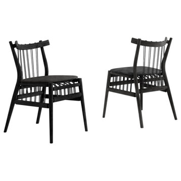 Fansipan Side Chair With Leather Seat Cushion, Set of 2, Black Romano Leather