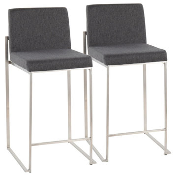 Fuji High Back Counter Stool, Set of 2, Stainless Steel, Charcoal Fabric