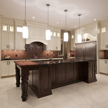 White Kitchen with wood island, butcher block top