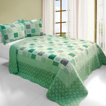 Green Fields Cotton 3PC Vermicelli-Quilted Printed Quilt Set Full/Queen Size