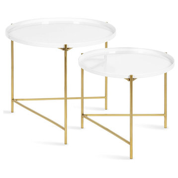 Set of 2 Nesting Coffee Table, Triangular Base & Tray Top, White/Gold
