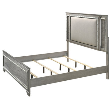 ACME Antares Queen Upholstered Wooden Panel Bed with LED in Gray Oak