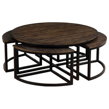 Arcadia Acacia Wood 42 Round Coffee Table with Nesting Tables, Antiqued Mocha