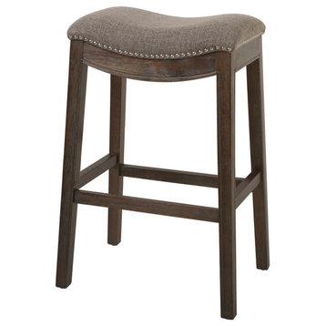 Bar Height Saddle Style Counter Stool With Taupe Fabric And Nail Head Trim -...