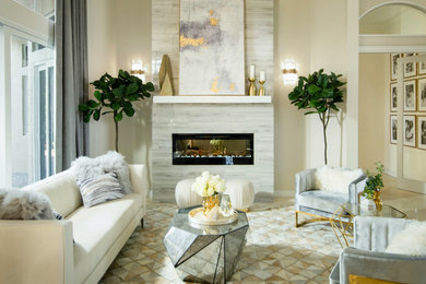 Inspiration for a mid-sized contemporary open concept carpeted living room remodel in Miami with beige walls