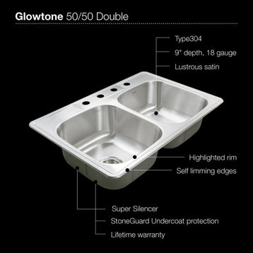 Houzer 3322-9BS Glowtone 33" Double Basin Drop In 18-Gauge - 4 Faucet Holes