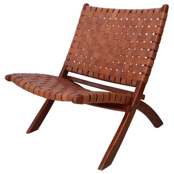 Basket Weave Leather Lounge Chair, Cognac