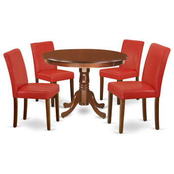 5-Piece Round 42" Dinette Table, 4-Parson Chair, Pu Leather Color Firebrick Red