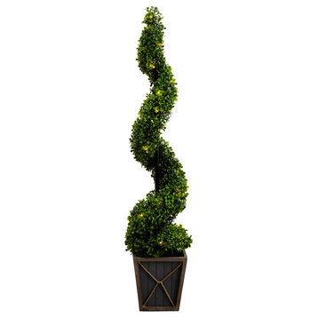45in. UV Resistant Prelit Artificial Boxwood Spiral Topiary Tree, Planter