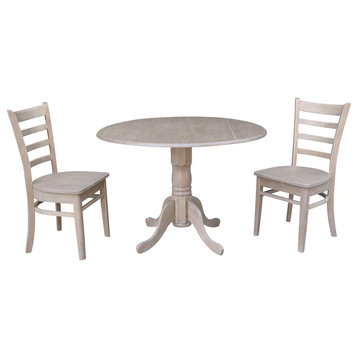 42" Dual Drop Leaf Table with 2 Emily Side Chairs, 3-Piece Set, Washed Gray Taupe
