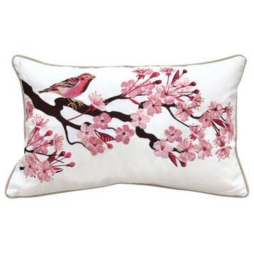 Purple Finch and Cherry Blossom Indoor/Outdoor Throw Pillow