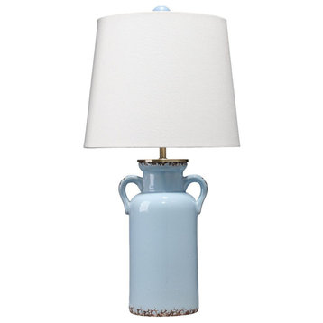 Rustic Vintage Style Urn Shape Table Lamp 21 in Two Handled Light Blue Ceramic
