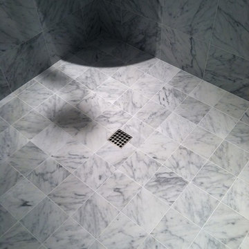 Venice residence, White carrera marble master shower guest house.