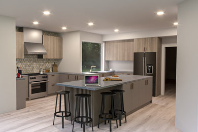 Example of a mid-sized trendy laminate floor and beige floor open concept kitchen design in Los Angeles with a double-bowl sink, flat-panel cabinets, gray cabinets, quartzite countertops, beige backsplash, mosaic tile backsplash, stainless steel appliances, an island and gray countertops