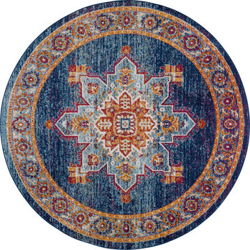 Mila Traditional Medallion Blue & Gold Round Area Rug, 8' Round